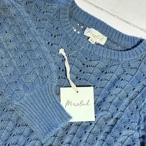 Marled Women XS Blue Pointelle Knit Crewneck Sweater Wool Blend Puff Sleeve